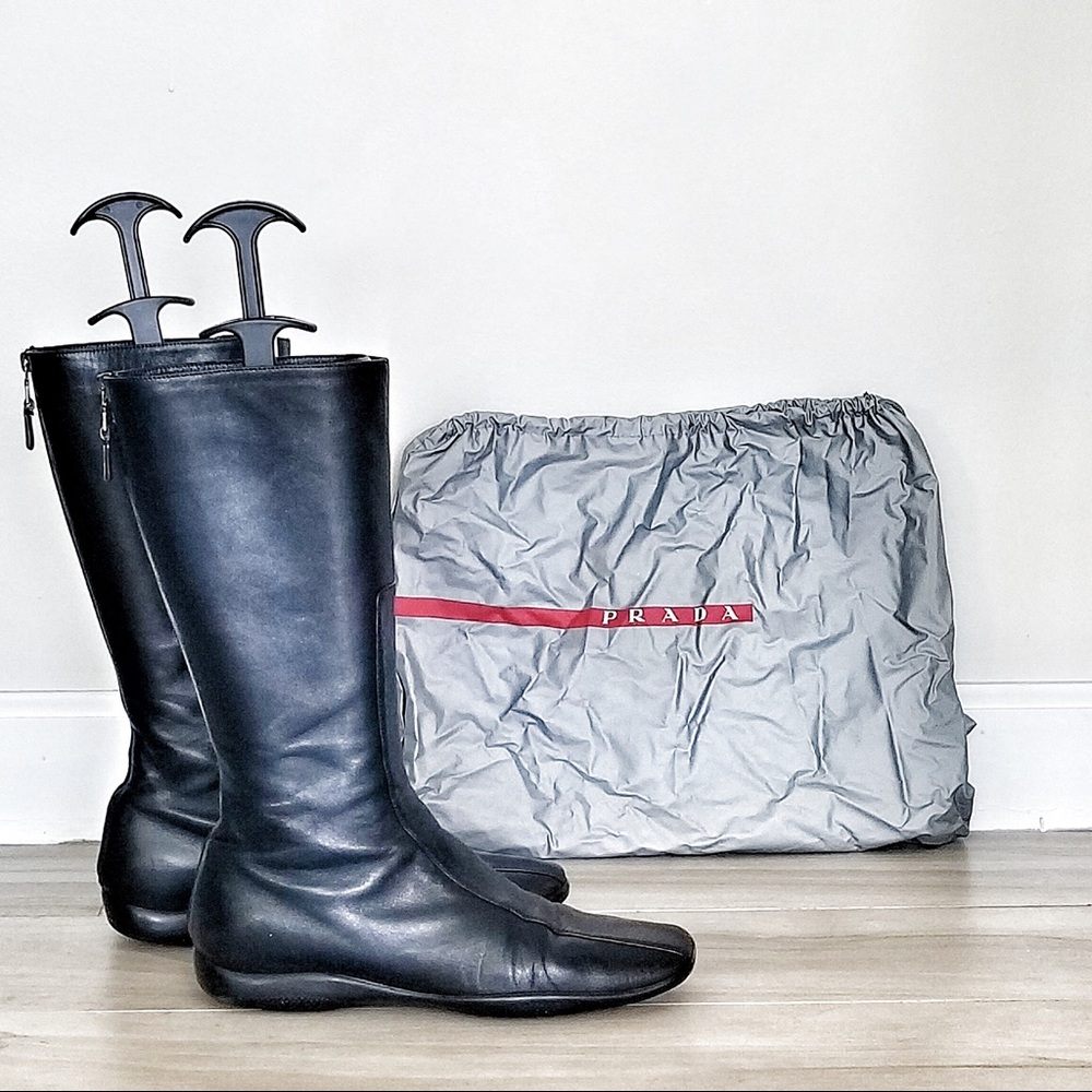 PRADA black leather flat boots SUPER COMFORTABLE!!